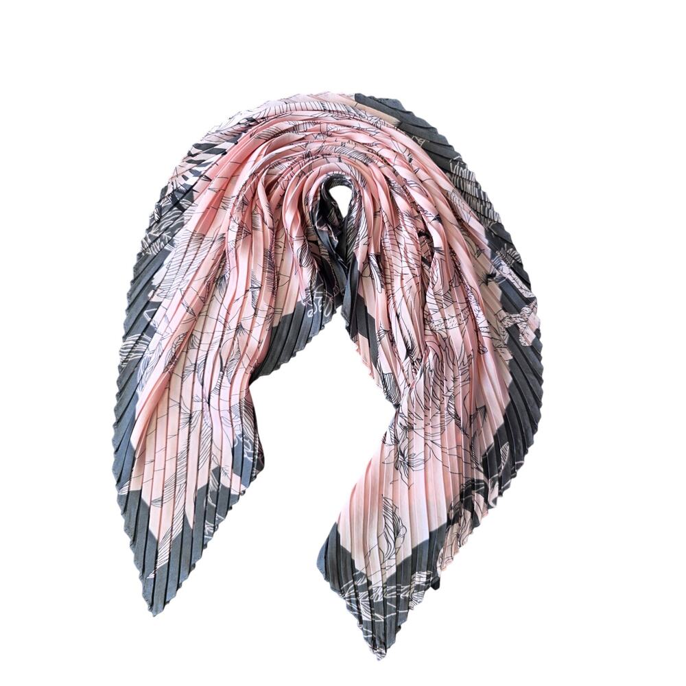 Light Pink Floral with Dk Gray Floral Border Pleated Diamond-Shaped Scarf